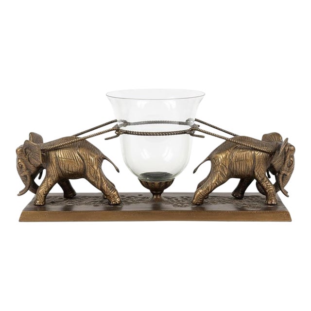 Vintage 1980s Brass Elephant & Glass Hurricane Centerpiece - Maitland-Smith Style For Sale
