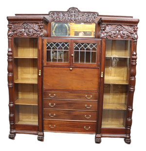 Attributed r.j. Horner Mahogany Breakfront Bookcase Secretary With Winged Griffin Carvings