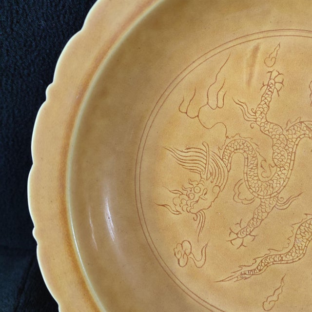 Ceramic Early 20th Century Chinese Ceramic Plate,Hongzhi Marked Yellow Glaze Porcelain Plate Hand Carved Dragon Pattern For Sale - Image 7 of 10