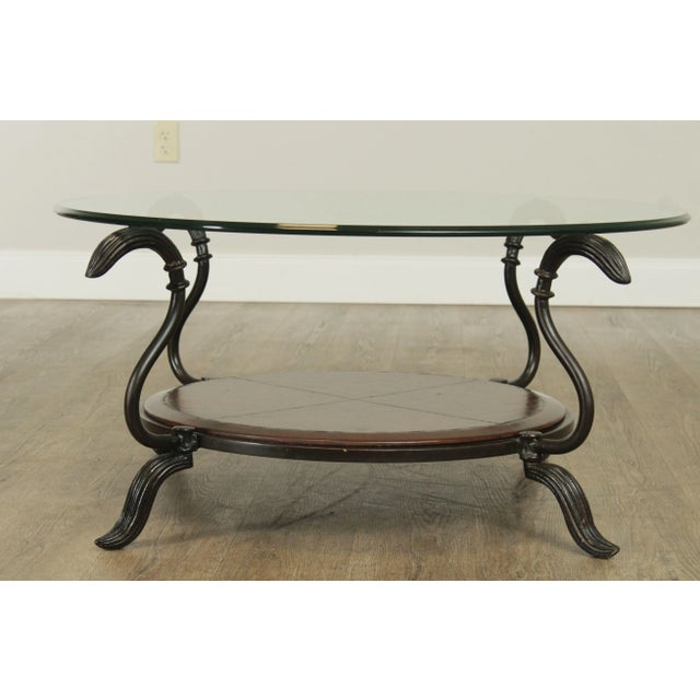 Labarge LaBarge Round Glass Top Wrought Iron Table, Leather Tier For Sale - Image 4 of 13