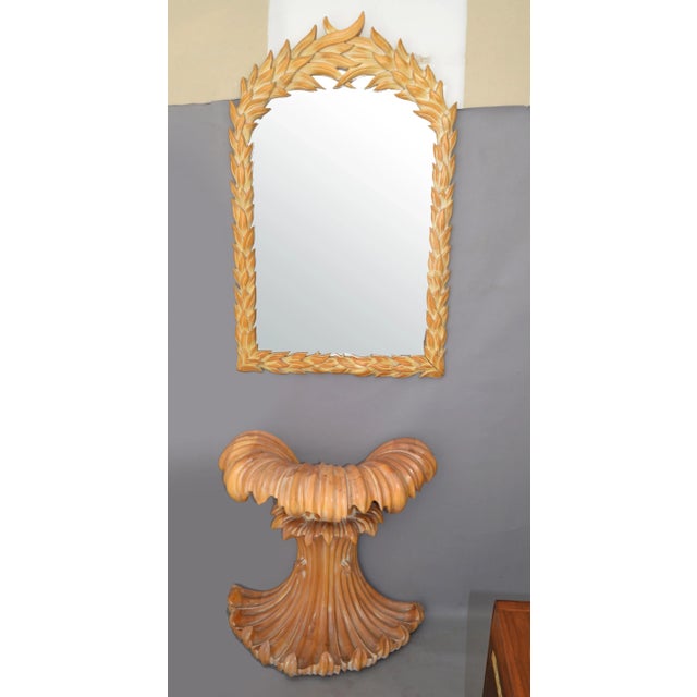 Hollywood Regency Serge Roche Style Hollywood Regency Hand Carved Wood Palm Leaf Console & Mirror For Sale - Image 3 of 13