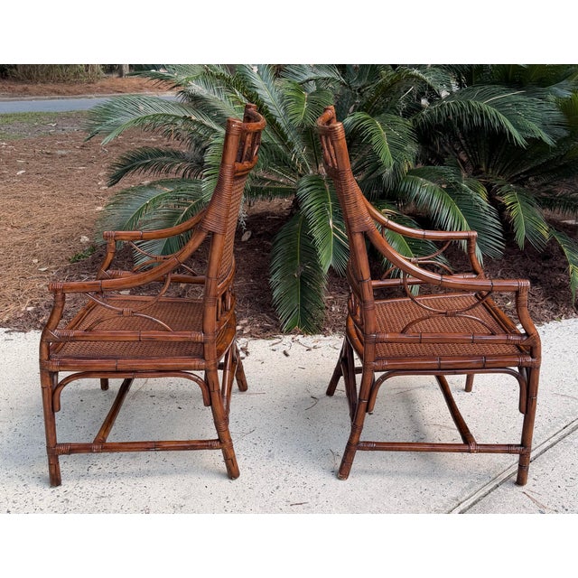 Vintage Chinoiserie Rattan Bamboo Armchairs Woven Cane Seat & Backrest 1970s For Sale - Image 4 of 14