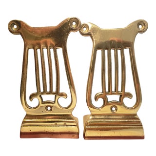 Vintage Mid 20th Century Polished Brass Harp Bookends - a Pair For Sale