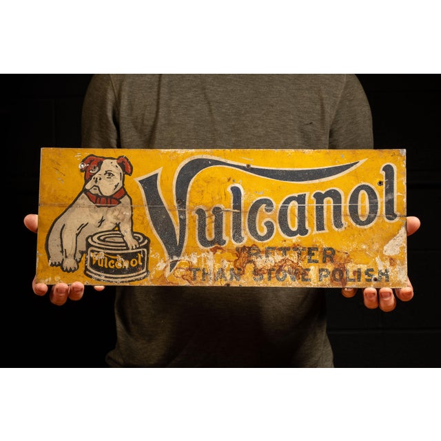 c. 1920s; Amsterdam Broom Co. - Amsterdam, NY Antique tin advertising sign for Vulcanol stove cleaning solution. This...