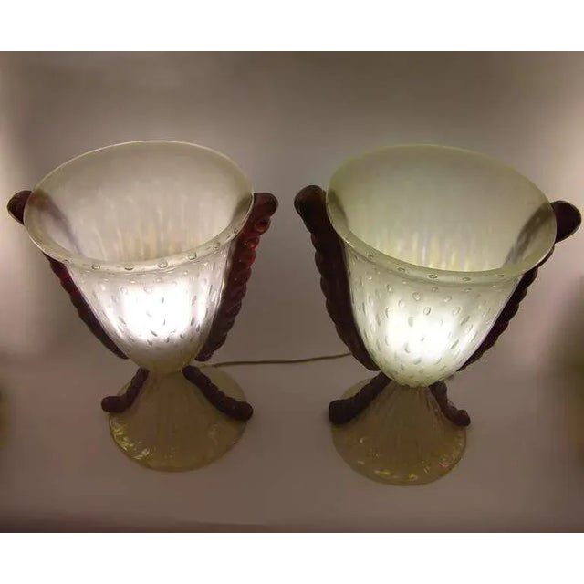 1970s Barovier E Toso Grand Pearlized Murano Glass Lamps With Red Accents - a Pair For Sale - Image 5 of 11