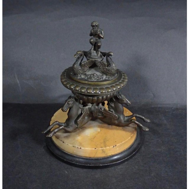 Grand Tour 19th Century Italian Grand Tour Sienna Marble & Patinated Bronze Inkwell With Seahorses For Sale - Image 3 of 9