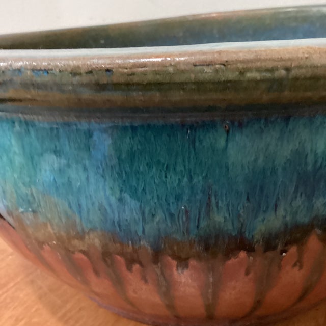 Mid-Century Modern Vintage Large and Heavy Copper Green With Drip Glaze Ceramic Low Bowl Planter For Sale - Image 3 of 12