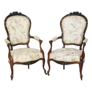 Antique Pair Victorian Carved Rosewood Parlor Arm Chairs, Circa 1890 For Sale