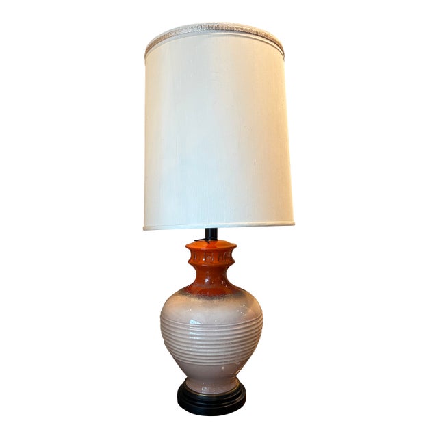 1960s Ceramic Lamp With a Cream Glaze and Orange Accent For Sale