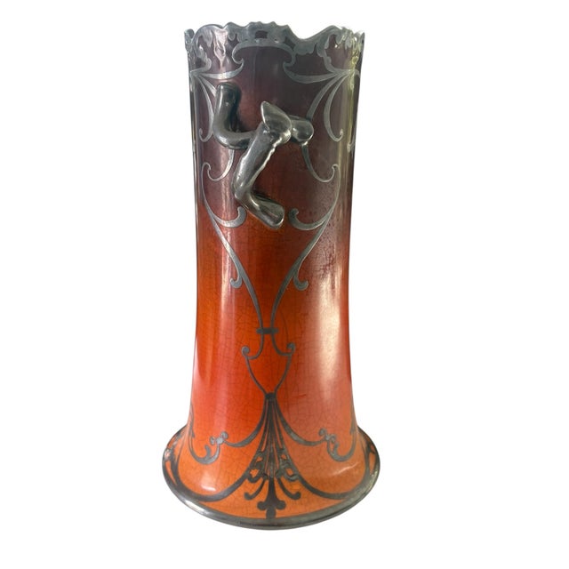Antique Art Nouveau Warwick Pottery Silver Overlay Vase For Sale - Image 9 of 11