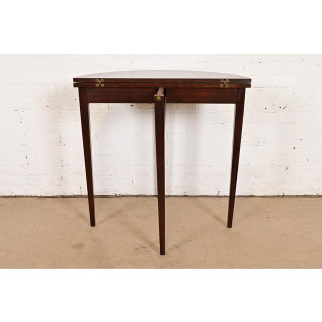 Late 20th Century Baker Furniture Style Federal Inlaid Mahogany Flip Top Demilune Console Game Table For Sale - Image 13 of 14