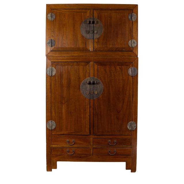 Vintage Chinese Elm Compound Wedding Wardrobe in Two Parts With Metal Hinges For Sale