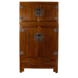 Vintage Chinese Elm Compound Wedding Wardrobe in Two Parts With Metal Hinges