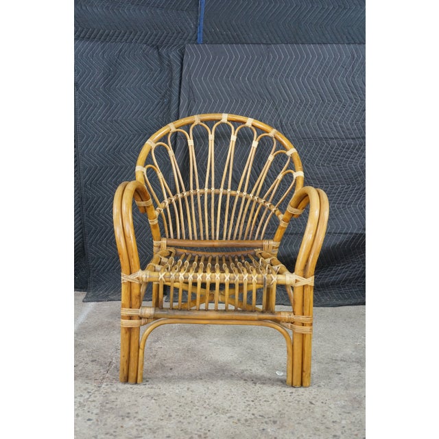 Wood Pair Mid Century Modern Rattan Bamboo Armchairs Boho Sunburst Fan Back Chairs For Sale - Image 7 of 18