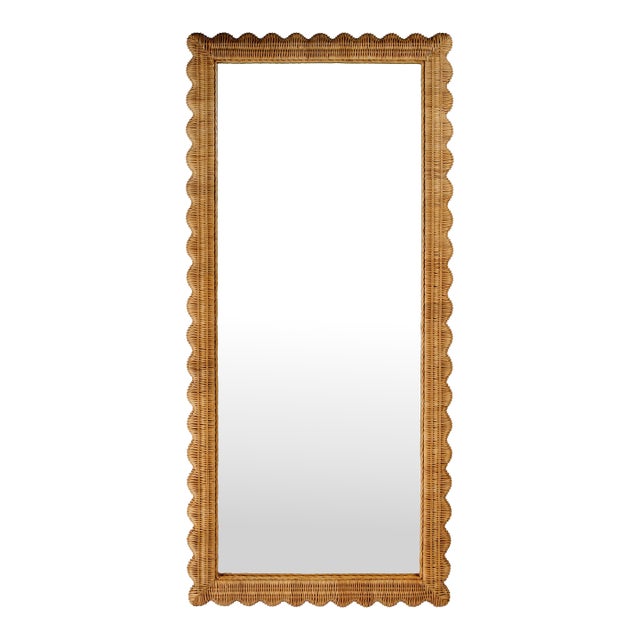 Flora 32 in. W x 69.5 in. H Rectangular Scalloped Rattan Floor Mirror, Honey For Sale