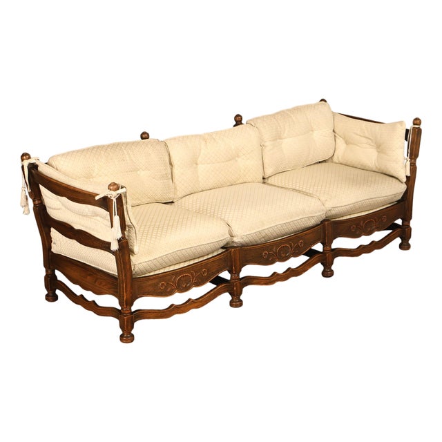 French Country Style Carved Oak Frame Three Seat Sofa For Sale