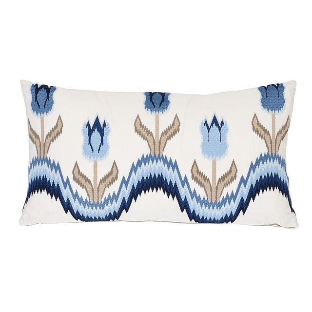 2020s Schumacher Tulip Flamestitch Lumbar Pillow in Blue For Sale - Image 5 of 5