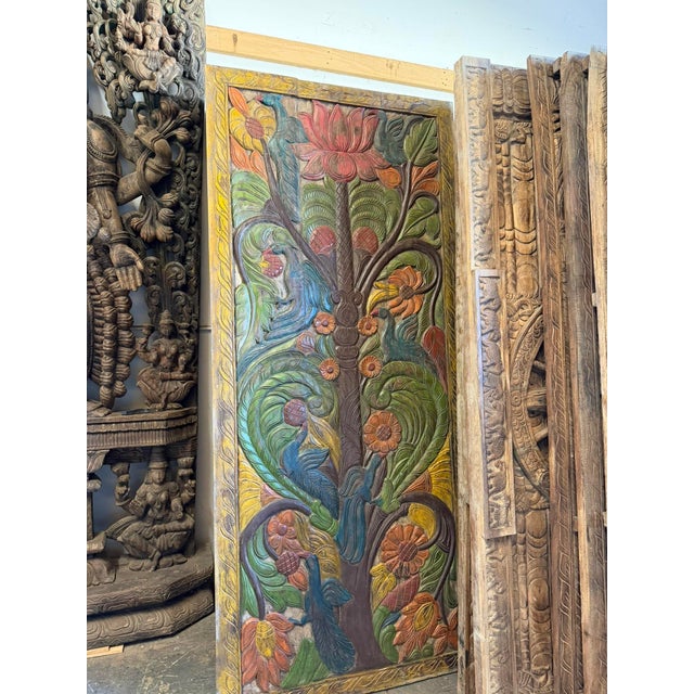 Mid-Century Modern Vintage Hand-Painted Tree of Life Wood Wall Panel With Carved Peacock & Lotus Art 84x36 For Sale - Image 3 of 7