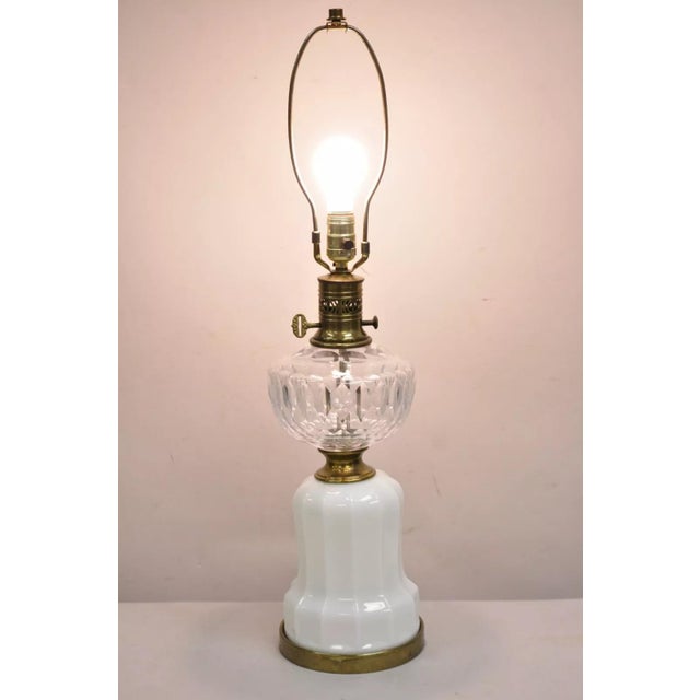 Antique Victorian Coin Dot Crystal Glass & Milk Glass Lantern Table Lamp. Circa Early 20th Century. Measurements: 30" H...