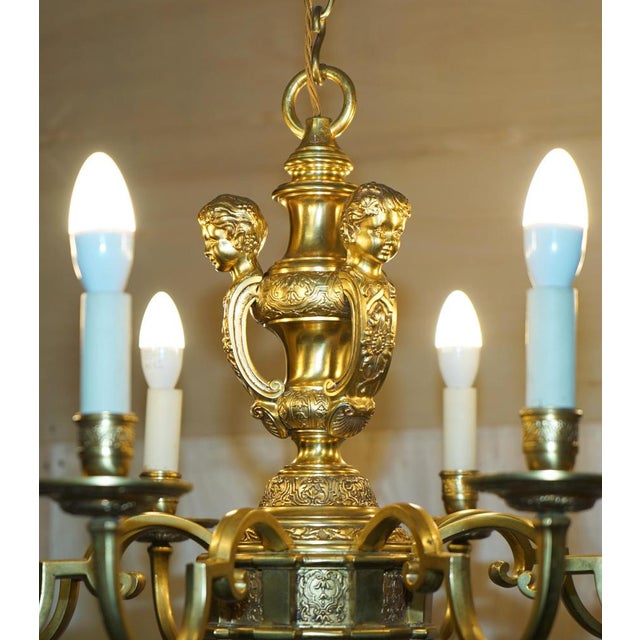 Antique French Rococo Gold Gilt Brass Eight-Branch Cherub Chandelier, 1900s For Sale - Image 4 of 18