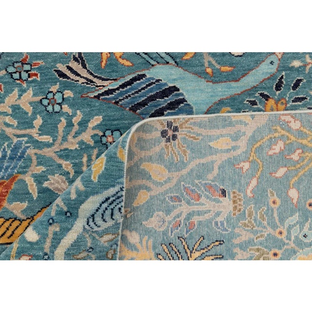 Blue Peacock Birds Garden Scene Soft Hand Knotted Hand Spun Wool Rug 3x5Ft. For Sale - Image 12 of 18