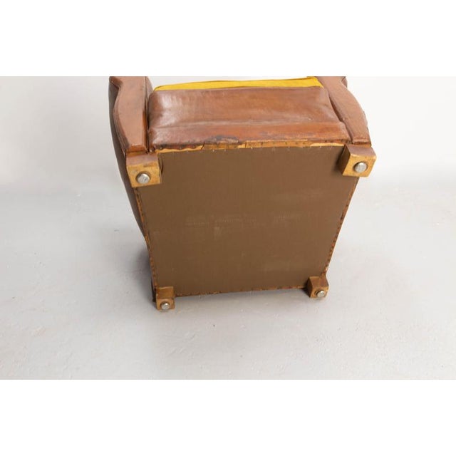 Antique French Club Armchair Fauteuil Cognac Leather and Fabric, 1930, Set of 2 For Sale - Image 15 of 16