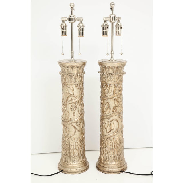 1950s James Mont Glazed Silver Leaf Finish Lamps - a Pair For Sale - Image 9 of 11