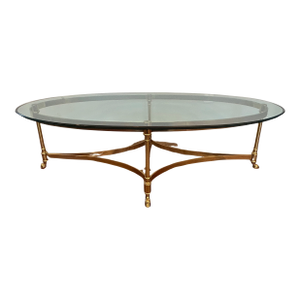 LaBarge Mid-Century Modern Oval Brass & Glass Coffee Table With Hoof Feet