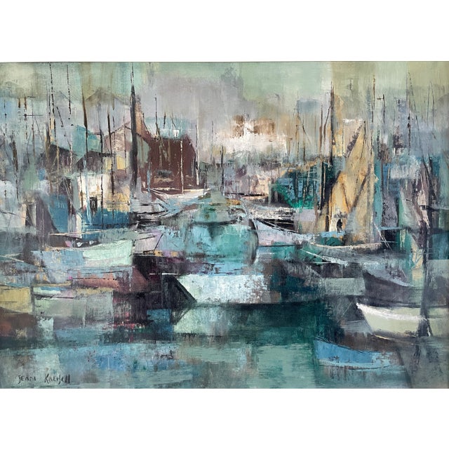 Abstract 1960s Vintage Harbor Scene Jean Kalisch Abstract Painting Oil on Board For Sale - Image 3 of 12