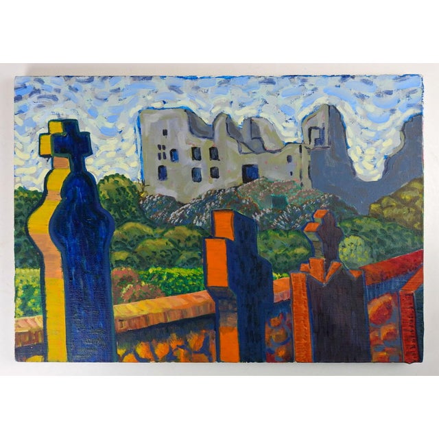 Contemporary Church Ruins Headstones Fauvist Painting For Sale - Image 4 of 4