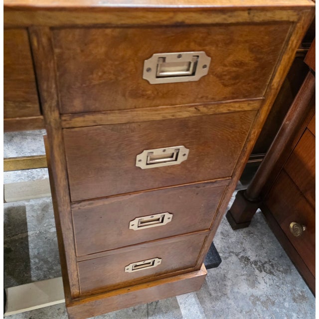 Brown Vintage Burlwood Campaign Kneehole Desk For Sale - Image 8 of 11