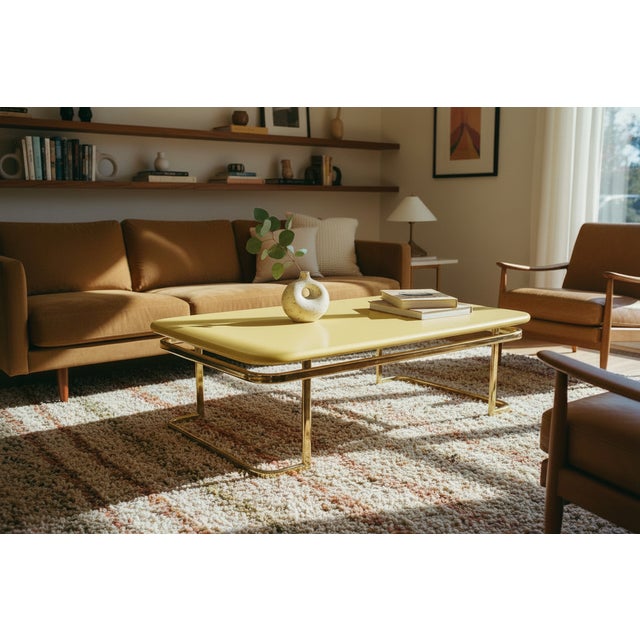 Vintage coffee table by Lane Furniture, circa 1970s, featuring a recently lacquered wood top in an attractive lemon yellow...