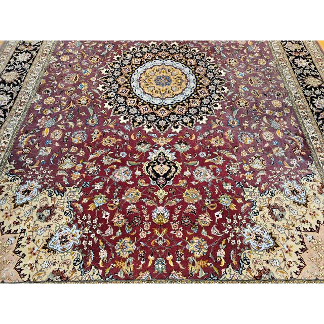 Vintage Persian Tabriz Rug, Hand-Knotted Wool & Silk, Fine Floral Pattern, Burgundy & Navy, 10x13 For Sale - Image 4 of 18