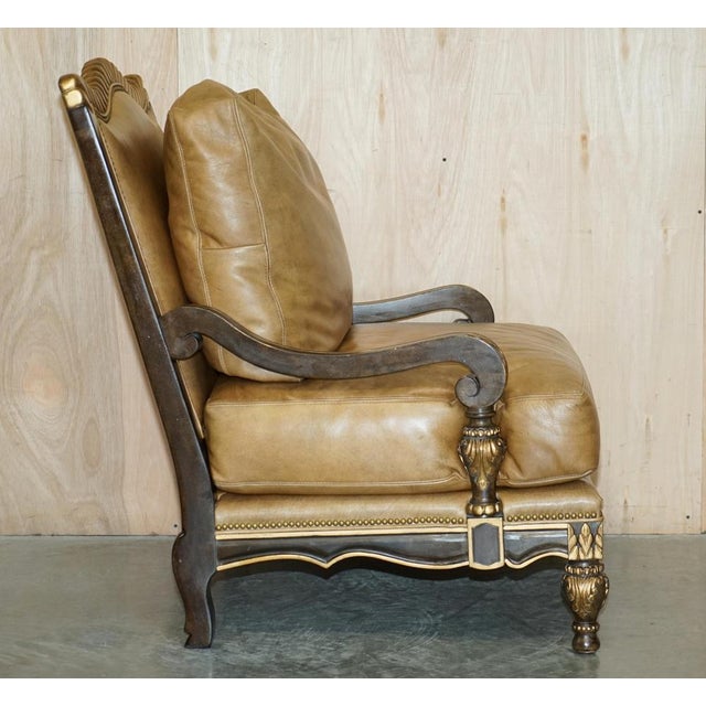 Set of Large Vintage Italian Brown Leather & Giltwood Throne Armchair & Footstool For Sale - Image 15 of 18
