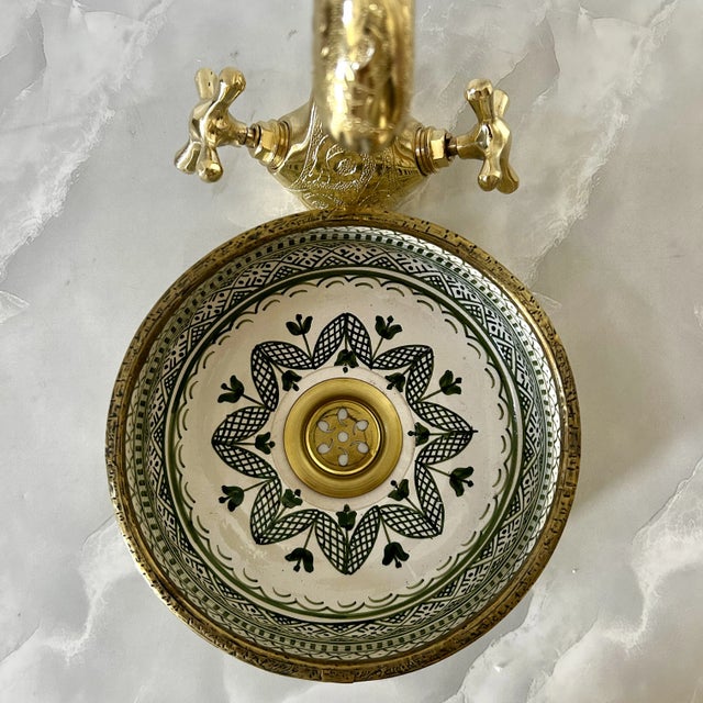 Rustic Small Green Sink for Bathroom, Rustic Ceramic Basin, Round Washbasin With Brass Drain For Sale - Image 3 of 8