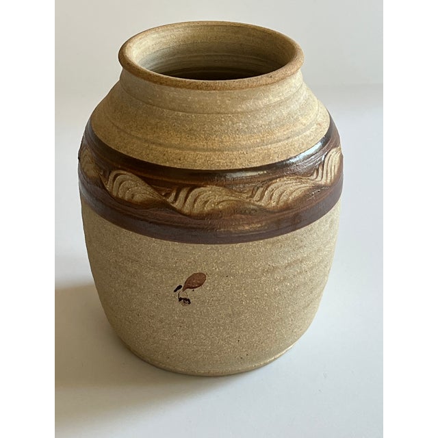 2000 - 2009 Handmade Tan and Brown Pottery Vase For Sale - Image 5 of 6