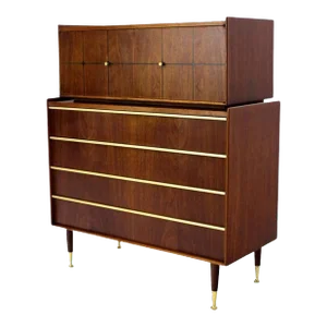 Edmond Spence Walnut Brass Two Part High Gentleman's Chest Dresser Cabinet MINT - A Pair