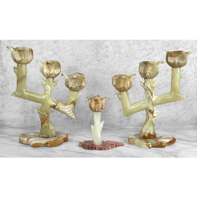 - Original 1970's Set of Italian Onyx Candelabras - Includes 2 Stepped Candelabras with 3 Tulip Candle Holders & 1 Center...