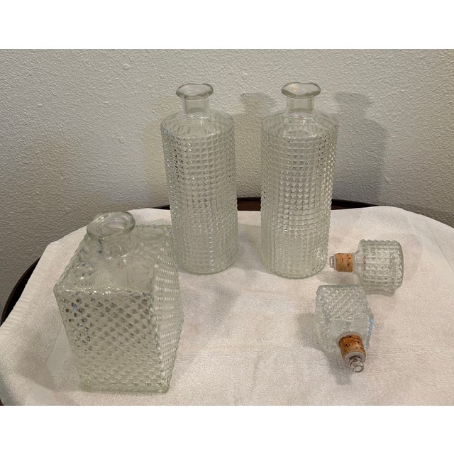 Vintage Mid Century Collection of 3 Diamond Point Glass Liquor Decanters 2 Round Bottle are 12" Tall X Rectangular Bottle...