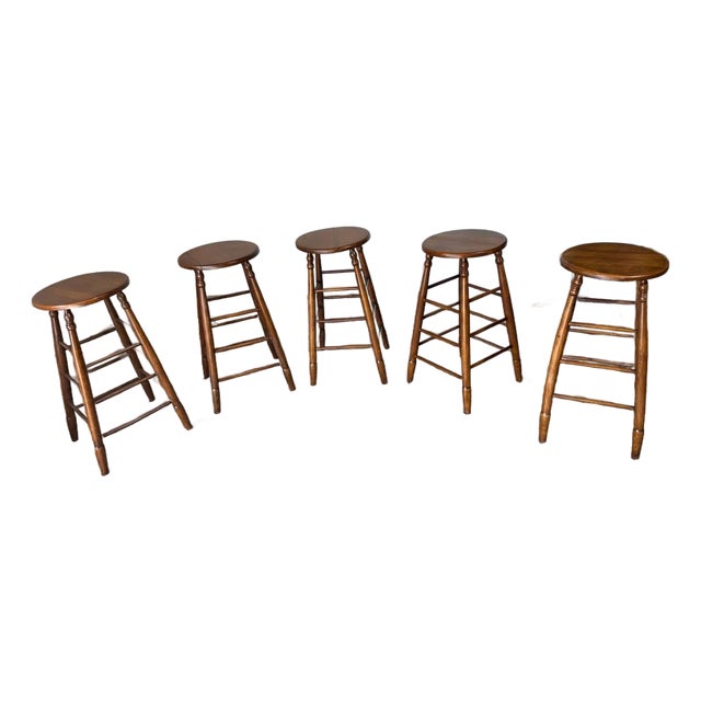 Vintage Early American Shaker Style Oak Wood Bar Stools. Set of 5 For Sale