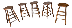 Vintage Early American Shaker Style Oak Wood Bar Stools. Set of 5