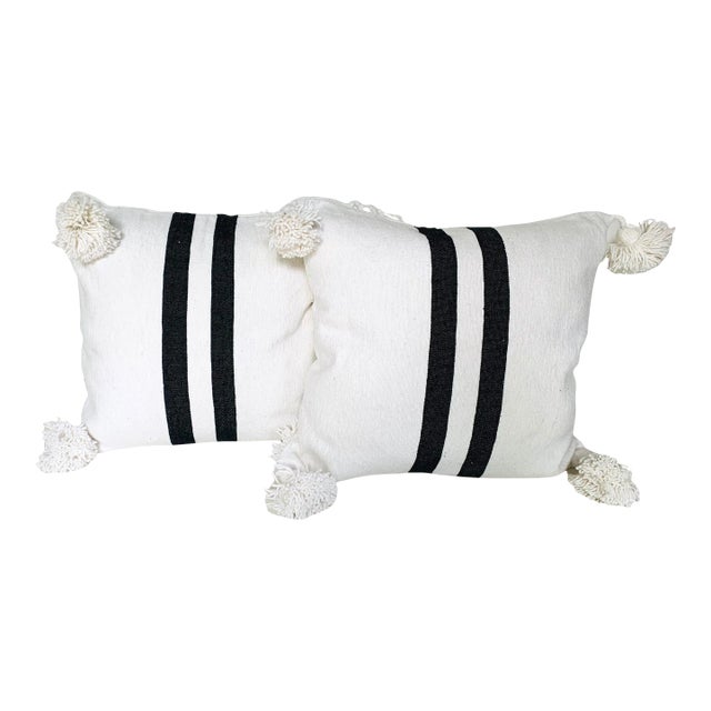 Moroccan Handloomed Pom-Pom Pillows, 19" x 19" - A Pair For Sale