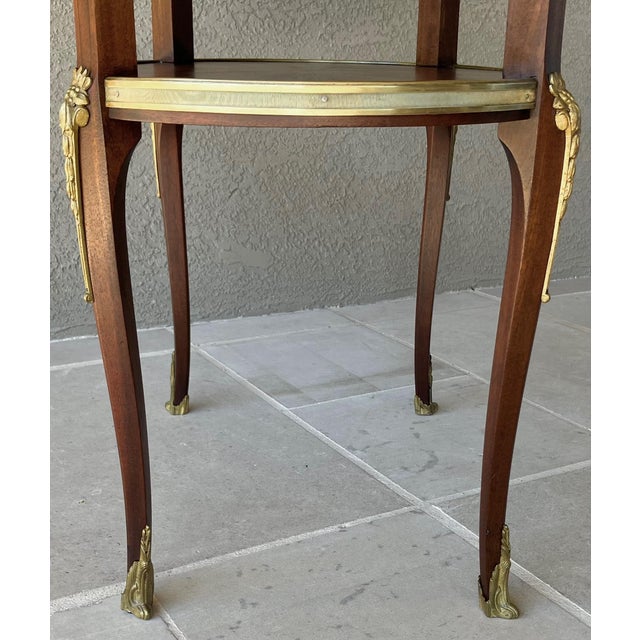 Circa 1930 Louis XVI-Style Mahogany Starburst Marquetry Two-Tier Oval Accent Table With Brass Mounts For Sale - Image 15 of 18