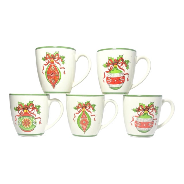 Christopher Radko “Holiday Celebrations, Green Trim” 5 Porcelain Mugs For Sale