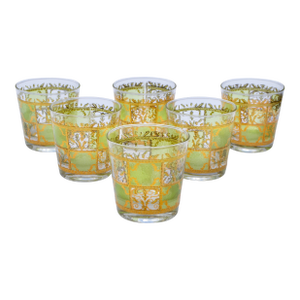 Mid 20th Century Green & Gold Patterned Culver Rocks Glasses- Set of 6