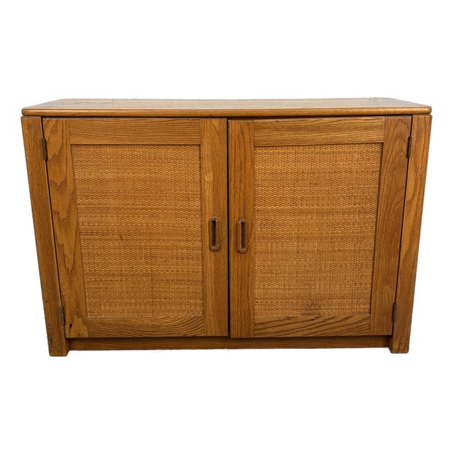 Vintage Modern Solid Oak & Woven Rattan Bar Cabinet For Sale