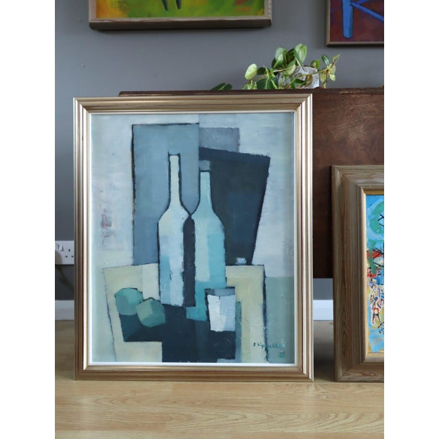 Mid-Century Modern Mid-Century Modern 'Bottles in Blue Geometry' Vintage Swedish Cubist Still Life Oil Painting, Framed For Sale - Image 3 of 13
