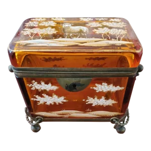 Late 19th Century Antique Bohemian Glass Moser Honey Amber Jewelry Box Casket