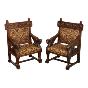 Antique Italian Renaissance Style Pair of Carved Oak Armchairs