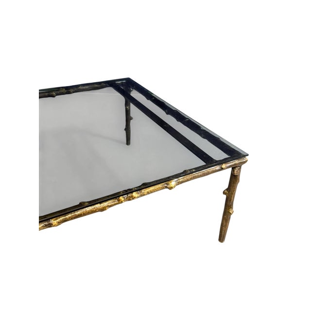 Brown Mid-Century Hollywood Regency Faux Bamboo Coffee Table with Bronze Base, 1950 For Sale - Image 8 of 11